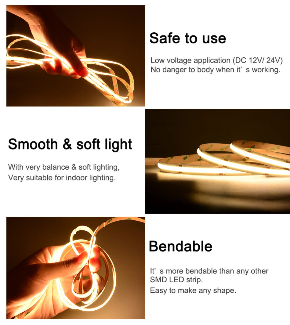 COB LED Strip Light 16.4ft (5M) – Ultra Bright Flexible LED Tape 320/480 LEDs/m, 3000K–6500K, DC 12V/24V