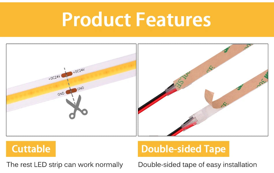 COB LED Strip Light 16.4ft (5M) – Ultra Bright Flexible LED Tape 320/480 LEDs/m, 3000K–6500K, DC 12V/24V
