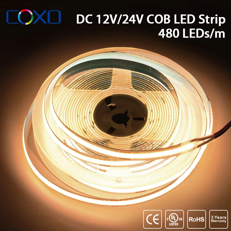 COB LED Strip Light 16.4ft (5M) – Ultra Bright Flexible LED Tape 320/480 LEDs/m, 3000K–6500K, DC 12V/24V