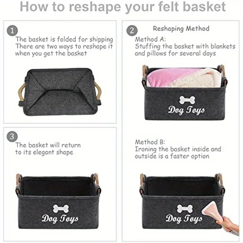 Felt Pet Toy Storage Box – Foldable Dog & Cat Toy Organizer Basket with Handles