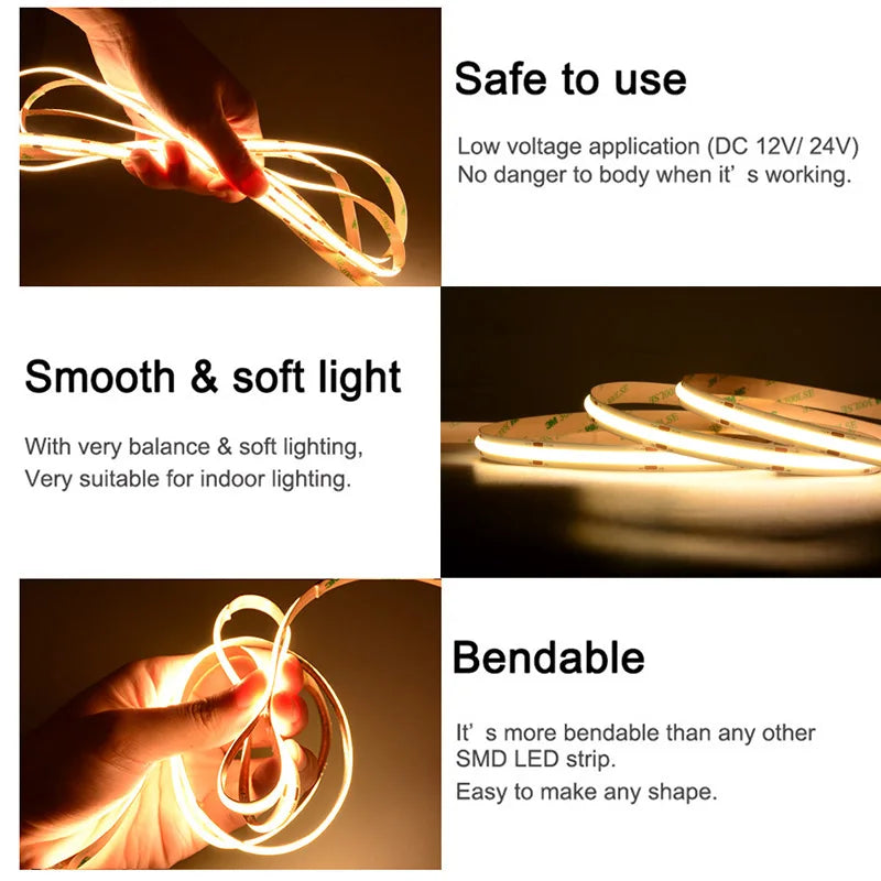 COB LED Strip Light 16.4ft (5M) – Ultra Bright Flexible LED Tape 320/480 LEDs/m, 3000K–6500K, DC 12V/24V
