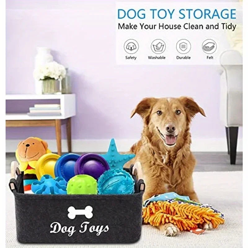 Felt Pet Toy Storage Box – Foldable Dog & Cat Toy Organizer Basket with Handles